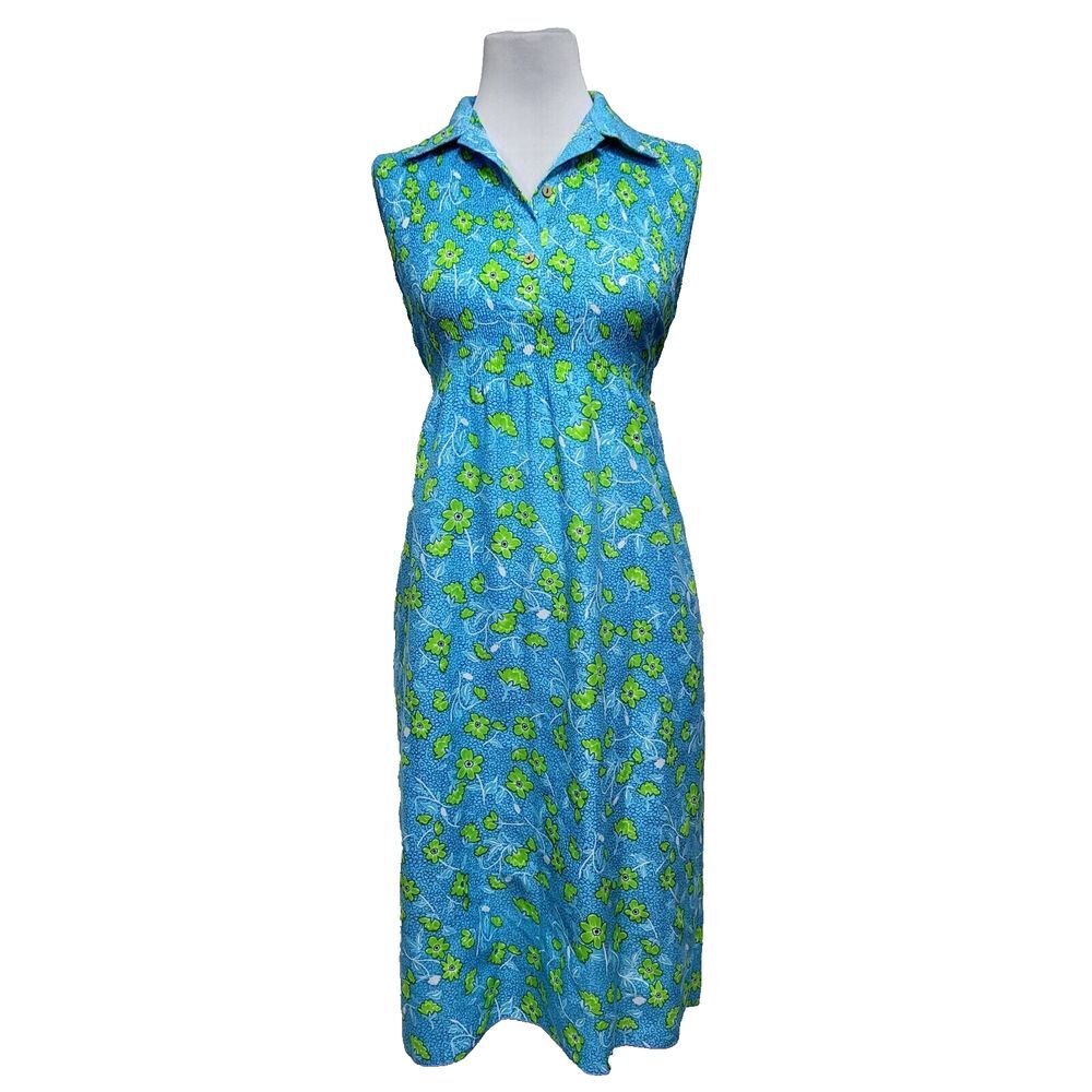T-C Vintage Blue Green Floral Empire Waist Sleeveless Midi Dress Tie Back L